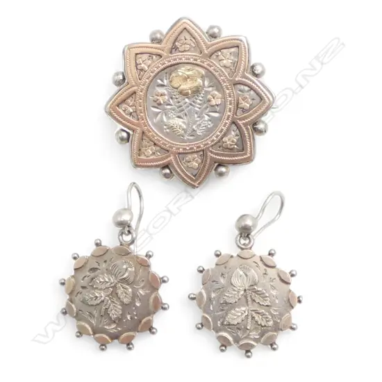 VICTORIAN SILVER BROOCH & EARRING SET  INLAID with 9ct GOLD floral panels
