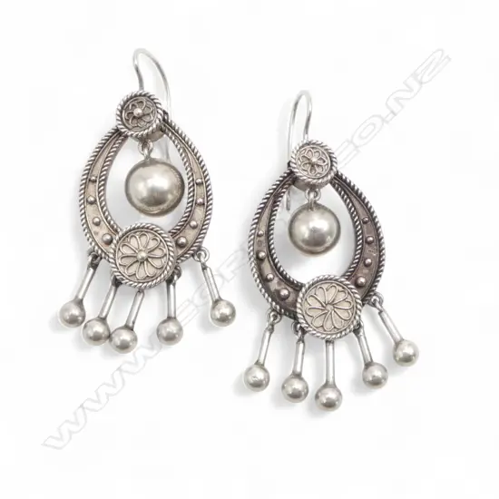 VICTORIAN ETRUSCAN style SILVER BALL DROP EARRINGS