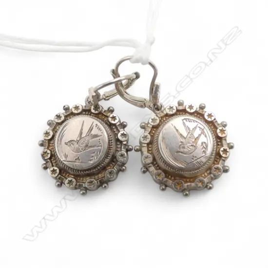 SILVER ROUND VICTORIAN EARRINGS Etruscan style engraved with swallow birds
