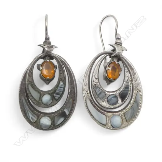VICTORIAN SILVER SCOTTISH DROP EARRINGS banded agate & gem set