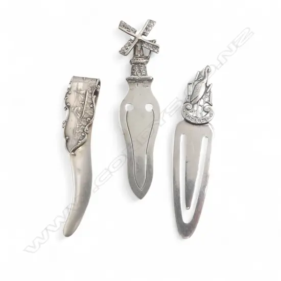 3 SILVER BOOKMARKS: American sail/steam ship + Dutch windmill + 'Texel' with stork