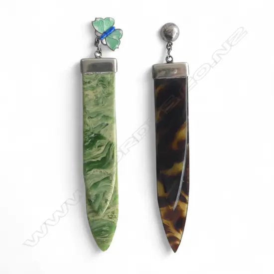 2 silver mounted patterned plastic page markers: Enamelled butterfly & bell attachments 