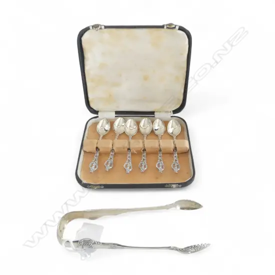 PR VICTORIAN STG SILVER TONGS + 6 STERLING TEASPOONS, CASED 105gms