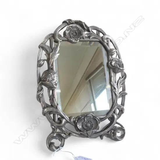 ART NOUVEAU STYLE MIRROR w. SILVER PLATE FRAME, REPAIRS 335x250mm NOW HAS A STAND