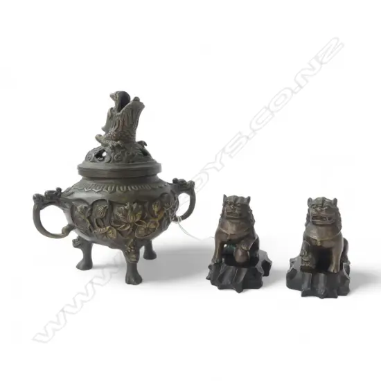 PR BRONZE FOO DOGS (ON STANDS) + CHINESE CENSER H.