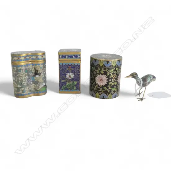 3 CLOISONNE CONTAINERS + SMALL BIRD ORNAMENT H.45mm