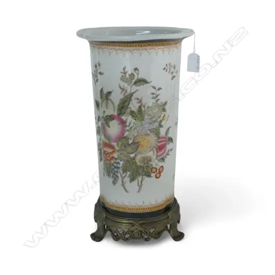 DECORATIVE HAND PAINTED CERAMIC VASE  WITH GILT BASE 410 x 220 mm  