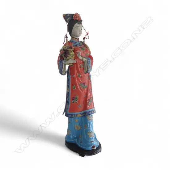 20thc HAND PAINTED PORCELAIN FIGURE OF A CLASSICAL CHINESE WOMAN CARRYING A BASKET OF FLOWERS ON WOODEN BASE 650 mm (H)