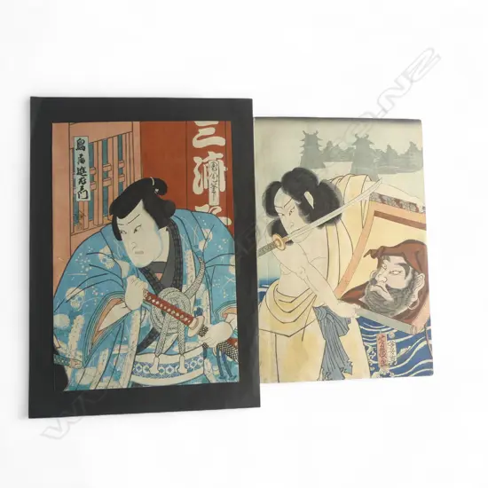2 JAPANESE UKIYO-E KABUKI PRINTS; TOYOHARA KUNICHIKA (1835-1900) + YOSHIMORI (1831-1855) untitled tryptych? 370x245mm