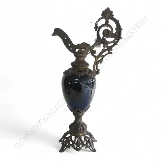 ART NOUVEAU STYLE BLUE GLASS EWER WITH GILT HANDLE AND BASE 500mm (H) 