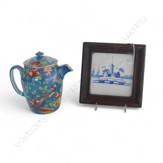 POTTERY TEAPOT BY 'RALLEY PATENT GLASGOW ARGYLESHAPE' 'MERTON'PATTERN H.150mm & BL/WH DUTCH TILE OLD SQ 110mm