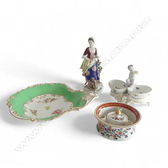 4 PCES PORCELAIN; ANTIQUE CHELSEA FIGURE H.185mm, HEREND DOUBLE DISH, DESSERT PLATE W.225mm & INKWELL