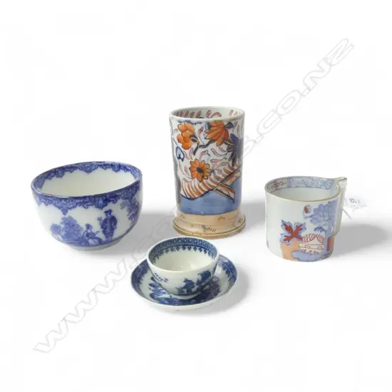 5 PCES CHINA; IMARI PENCIL HOLDER (FAULTS)H.105mm, MASONS CUP, DOULTON BOWL, CAUGHLEY MINI C/S