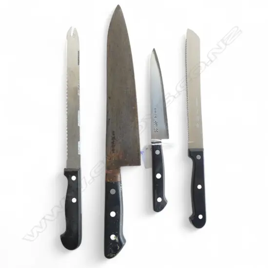 4 JAPANESE STEEL CHEF'S KNIVES. Each w signed or named blade. Longest 410mm