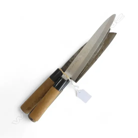 3 JAPANESE STEEL CHEF'S KNIVES wooden handles. Each w signed blade. Longest 315mm