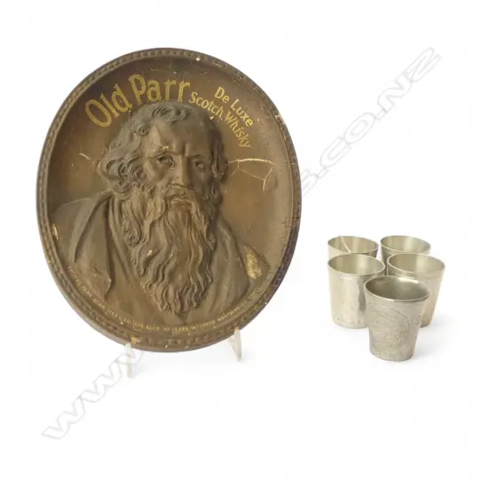 ASST PEWTER RUM MEASURES + OLD PARR SCOTCH WHISKEY PLAQUE