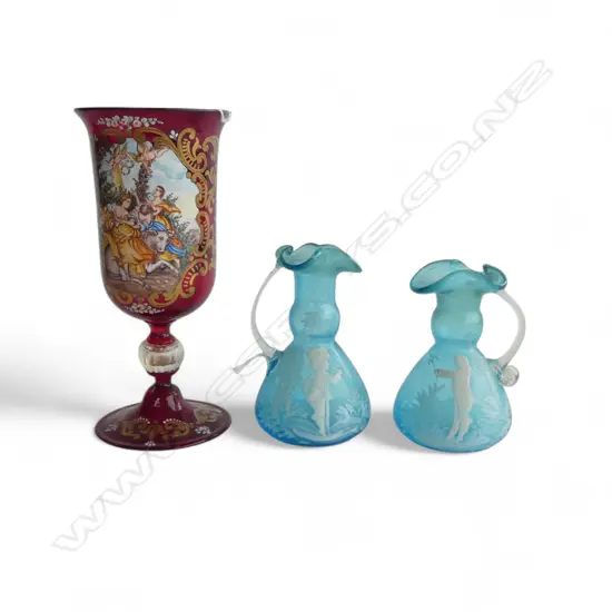 TWO VICTORIAN MARY GREGORY GLASS VASES, H.120mm & RUBY RED HANDPAINTED GOBLET, H.200mm
