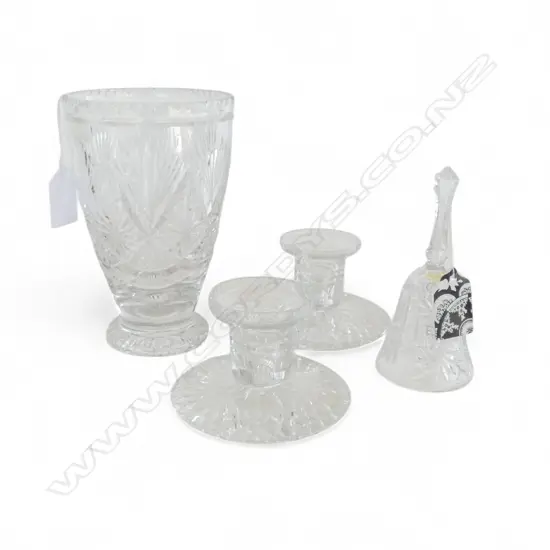 PR WEBB & CORBET CANDLE STICKS, VASE + BOXED CRYSTAL DINNER BELL