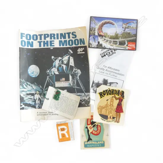 FOOTPRINTS ON THE MOON + VINTAGE ASST. N.Z. EPHEMERA; MARINELAND, RAINBOWS END, PLASTIC TIKI  etc