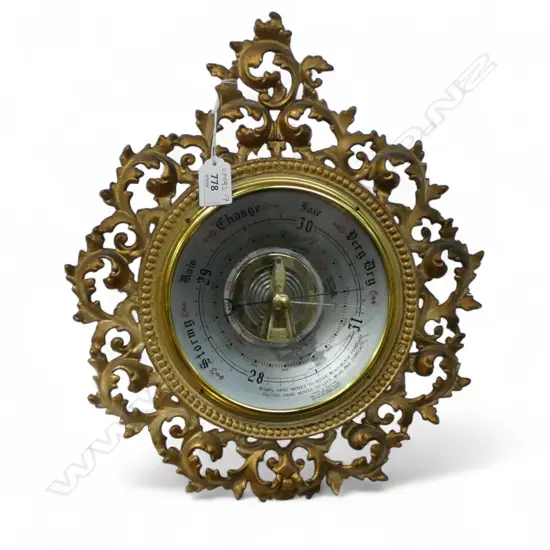 ANTIQUE STYLE GILT METAL FRAMED ANEROID BAROMETER 360mm