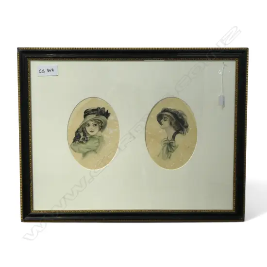 DOUBLE PORTRAIT, 2 EARLY 20thC WOMEN, MIXED MEDIA 250x180mm (515x690mm mount)