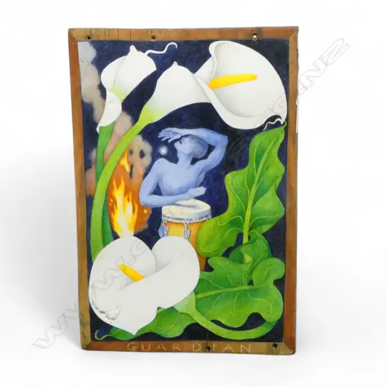 JO HARDY (NZ 1952-2016) 'GUARDIAN' ACRYLIC ON WEATHERBOARD 400x270mm 