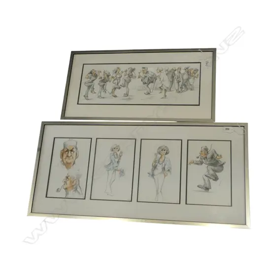 2 FRAMED CARICATURE SATIRE DRAWINGS 360x760mm largest incl. frame