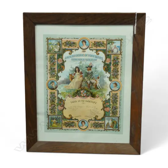 FRAMED 'ANCIENT ORDER OF FORESTERS FRIENDLY SOCIETY' CERT. 495x390mm