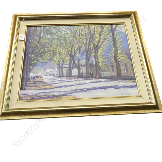 DENIS KING OLD MINERS COTTAGES ARROWTOWN 2000 OIL ON CANVAS BOARD SIGNED AND DATED 400 X 490 MM