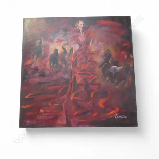 LING LIU 'RED DREAM' OIL ON CANVAS 760x760mm