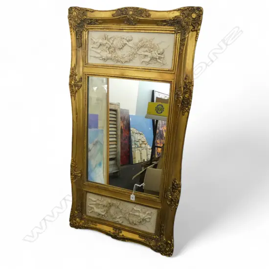 GILT FRAMED OVER MANTLE MIRROR w. RELIEF PANELS 1260x650mm
