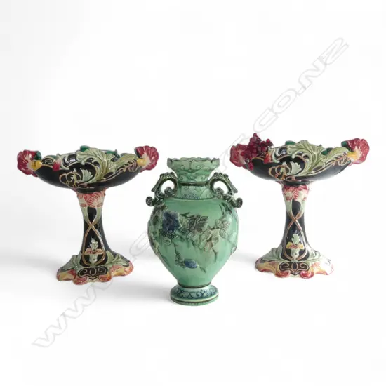 VICTORIAN MAJOLICA VASE (335 mm LOSS OF GLAZE UNDER HANDLE) AND PAIR ART NOUVEAU STYLE CENTRE PIECE PLANTER  370mm (H))