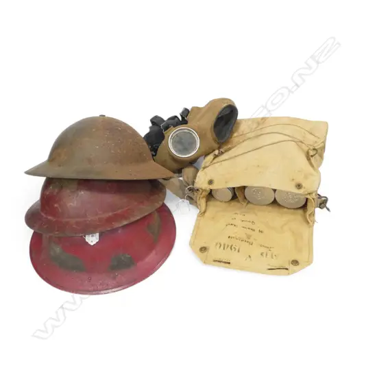 3 WWII HELMETS: 1 red British Home Front blitz period + 'Hardleys'. Both w lining + other faulted + gas mask
