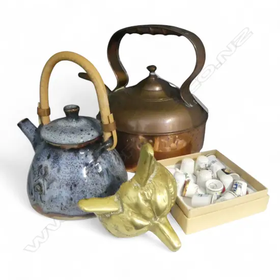 COPPER KETTLE, PETER STICHBURY POTTERY TEAPOT, THIMBLES, BRONZE FOX HEAD