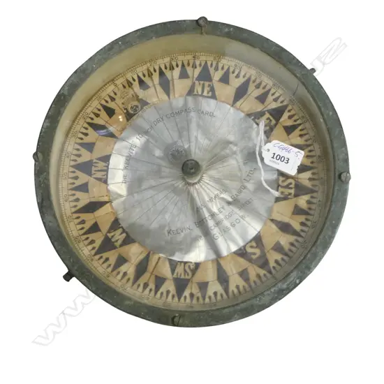 KELVITE VINTAGE 10" DRY COMPASS WWII PERIOD brass case. Glass covered. Weighted lead base. Floating dial Dia.10inches