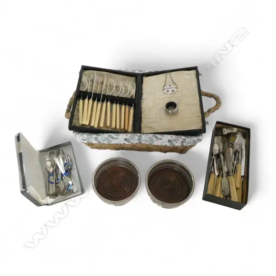 ASST. EP CUTLERY INCL. CASED FISH SET, PR WINE COASTERS ETC