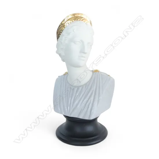 GLAZED CERAMIC BUST OF DIANA ON TIMBER STAND 470MM (H)