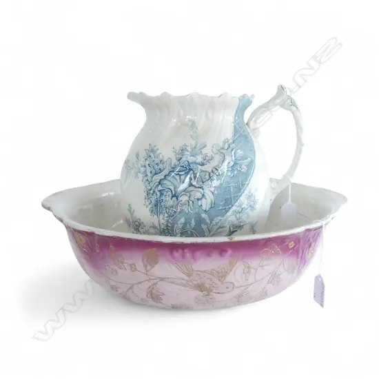 VINTAGE  WASH JUG & BASIN  BLUE JUG PINK BASIN  H300 DIA440MM