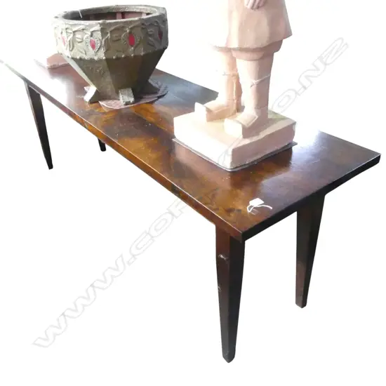 20thC OAK PLANK TOP LONG NARROW KITCHEN TABLE French refectory antique style, L.2200 x 600 x 750mm