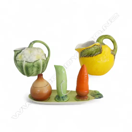 2 ITALIAN 'VEGETABLE' JUGS + CARLTON WARE VEGETABLE CONDIMENT SET (no spoon)