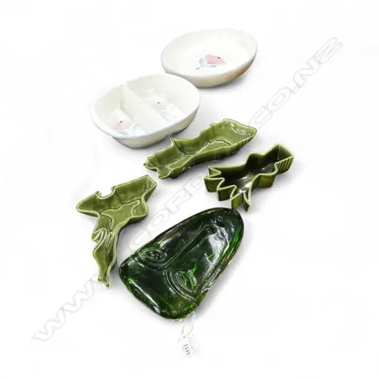 6 PCES; 3 STUDIO CERAMICS DISHES (NZ & NIKAU), 2 TEMUKA DISHES, GREEN GLASS FACE H.250mm 