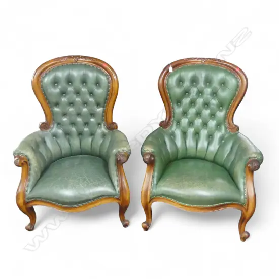 PAIR VICTORIAN STYLE BUTTON BACK LEATHER GRANDFATHER CHAIRS 1050 x 780mm