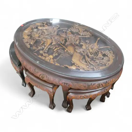 HAND CARVED ROUND ORIENTAL TABLE WITH SIX NESTING CHAIRS 520 X 950 MM
