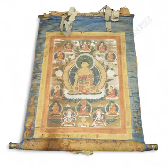 ANTIQUE TIBETAN BUDDISH THANGKA, CONSIDERABLY DISTRESSED 620x430mm image size