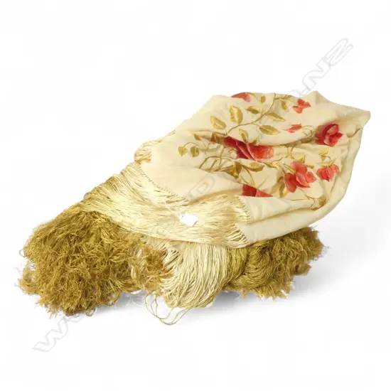 RED & GOLD SILK EMBROIDERED SHAWL with long gold fringe