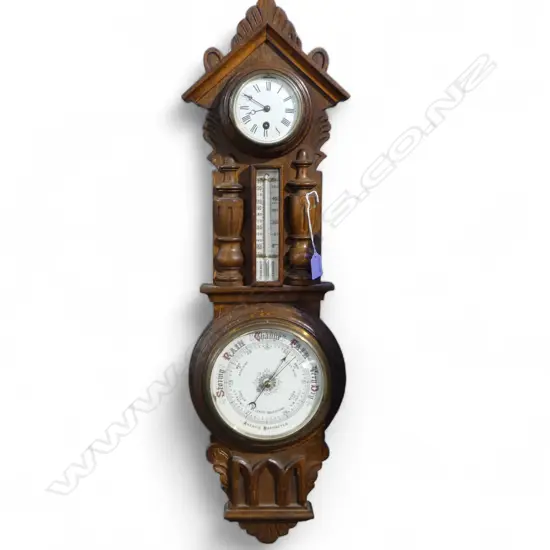 WALL MOUNTED OAK CLOCK ANEROID BAROMETER H780MM (From the Estate of Tommy Doyle)
