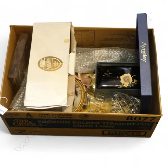 BOX OF CHINA (Limoges VASE boxed +Aynsley horse plate etc) + cars a.f + Crystal jug ETC