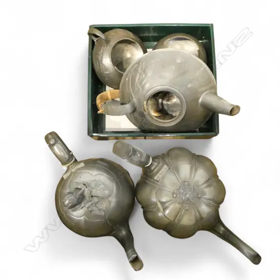 PEWTER ART NOUVEAU 3 PCE TEA SERVICE + 2 PEWTER TEAPOTS