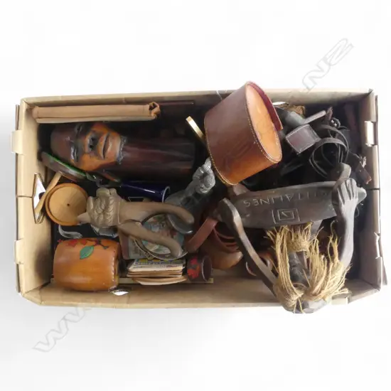 BOX ASSTD. ITEMS WOOD, LEATHER, BEER COASTERS ETC
