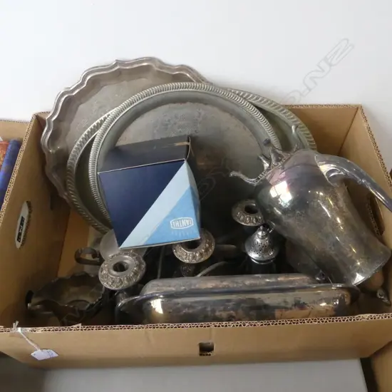 BOX OF VINTAGE SILVER PLATE: trays + coffee pot + candelabra + cutlery etc